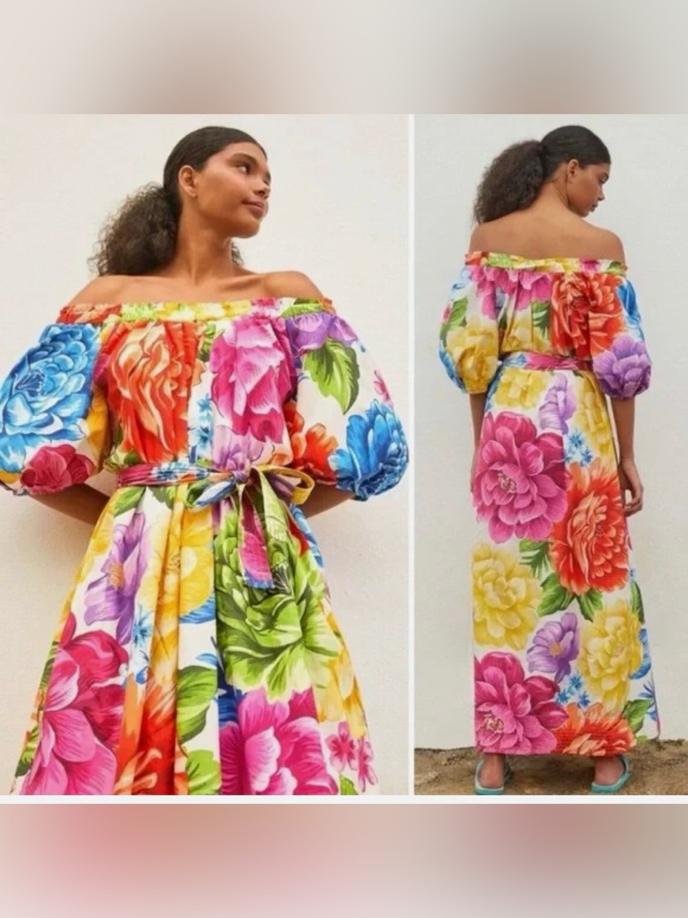 Farm Rio Bright Floral Maxi Dress with Puff Sleeves Small
